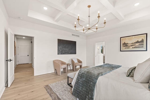 bedroom featuring recessed lighting, an inviting chandelier, coffered ceiling, light wood-type flooring, and visible vents