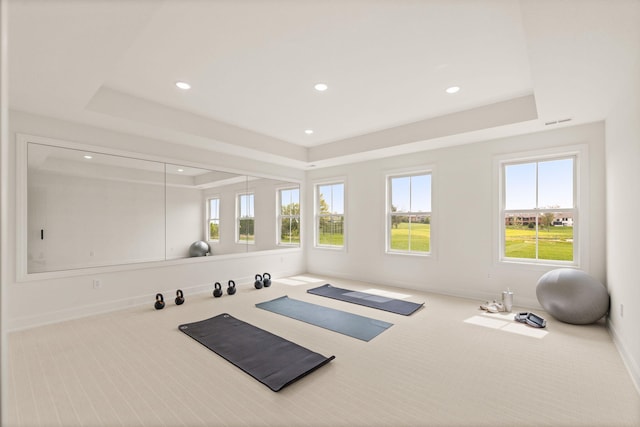 workout area featuring baseboards, recessed lighting, carpet floors, and a tray ceiling