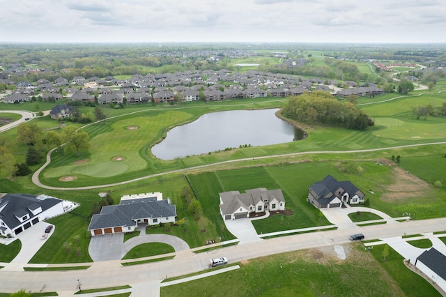 bird's eye view featuring a residential view, a water view, and view of golf course