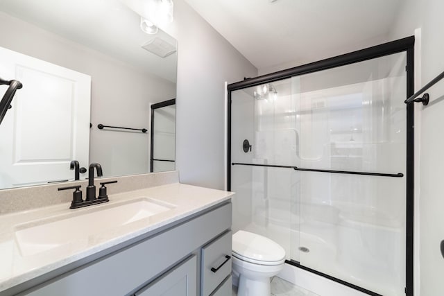 bathroom with vanity, toilet, visible vents, and a stall shower