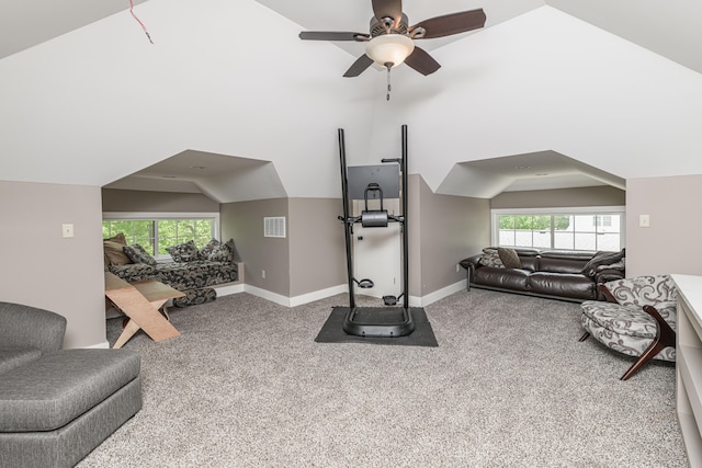 403 Westmount Ave, Columbia, MO 65203 - workout area featuring lofted ceiling, carpet flooring, plenty of natural light, a ceiling fan, and baseboards