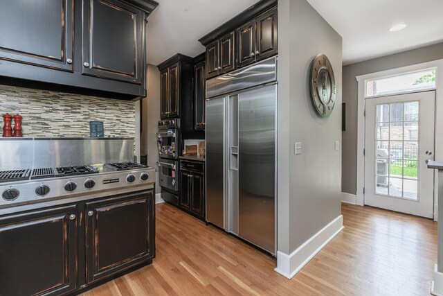 403 Westmount Ave, Columbia, MO 65203 - kitchen featuring stainless steel appliances, tasteful backsplash, light wood-type flooring, and baseboards