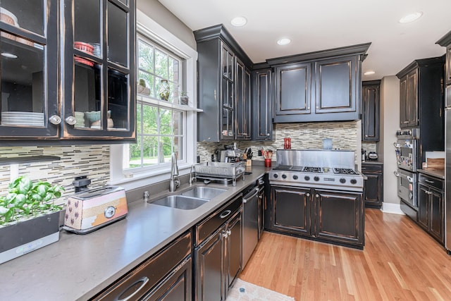 403 Westmount Ave, Columbia, MO 65203 - kitchen featuring a sink, stainless steel appliances, light wood-style flooring, tasteful backsplash, and recessed lighting