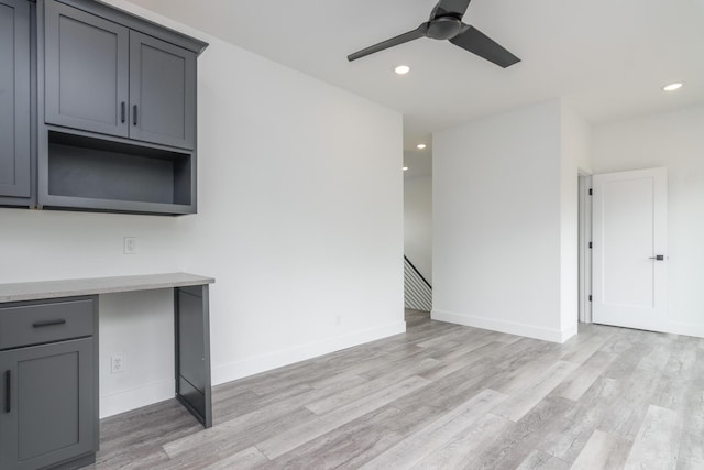424 Angels Rest Way, Columbia, MO 65203 - kitchen with a ceiling fan, light wood-type flooring, recessed lighting, gray cabinetry, and baseboards