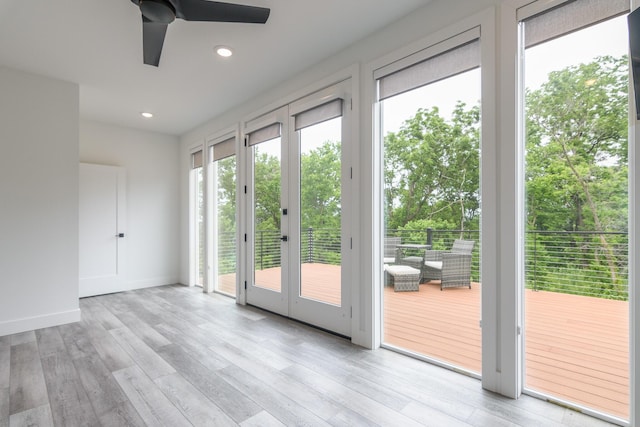 424 Angels Rest Way, Columbia, MO 65203 - doorway to outside with ceiling fan, wood finished floors, french doors, recessed lighting, and baseboards