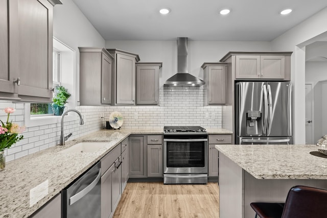 kitchen with a sink, wall chimney exhaust hood, gray cabinetry, and stainless steel appliances
