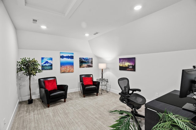 office space featuring baseboards, carpet flooring, recessed lighting, and visible vents