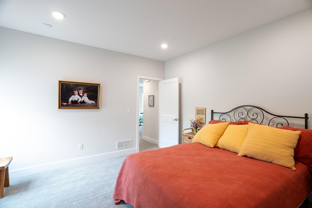 bedroom featuring visible vents, recessed lighting, baseboards, and carpet floors