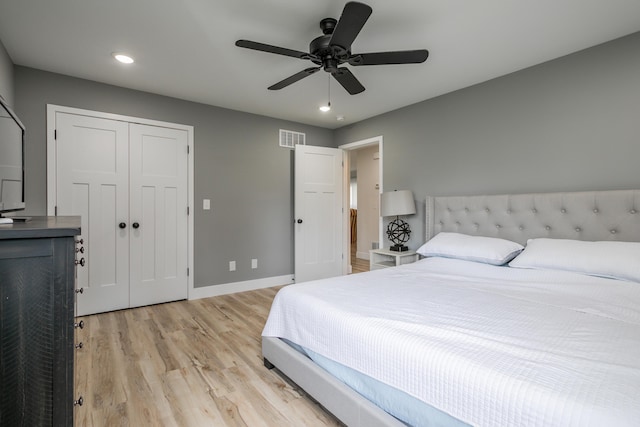 bedroom with visible vents, a closet, baseboards, recessed lighting, and light wood-style flooring