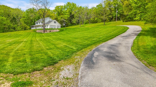 7751 W Old Barclay Creek Ln, Columbia, MO 65202 - view of grassy yard with driveway and a wooded view