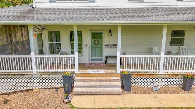 7751 W Old Barclay Creek Ln, Columbia, MO 65202 - doorway to property with roof with shingles and a porch