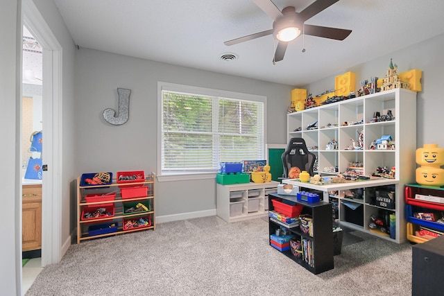 7751 W Old Barclay Creek Ln, Columbia, MO 65202 - game room featuring ceiling fan, carpet floors, and baseboards