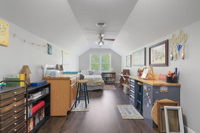 7751 W Old Barclay Creek Ln, Columbia, MO 65202 - bedroom featuring dark wood-type flooring, lofted ceiling, a textured ceiling, baseboards, and a ceiling fan
