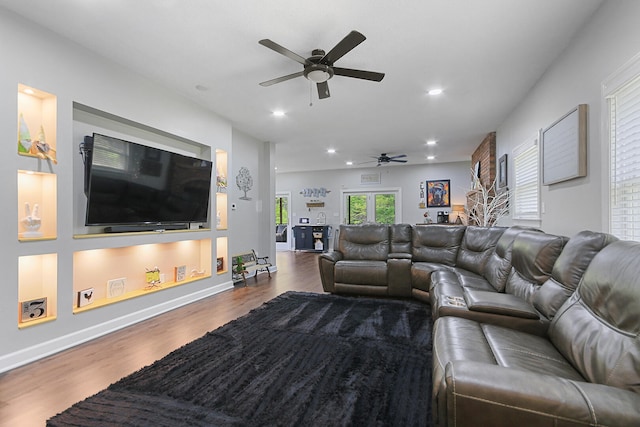 7751 W Old Barclay Creek Ln, Columbia, MO 65202 - living room featuring ceiling fan, wood finished floors, recessed lighting, and baseboards