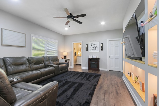 7751 W Old Barclay Creek Ln, Columbia, MO 65202 - living area with a ceiling fan, dark wood-style flooring, recessed lighting, and baseboards