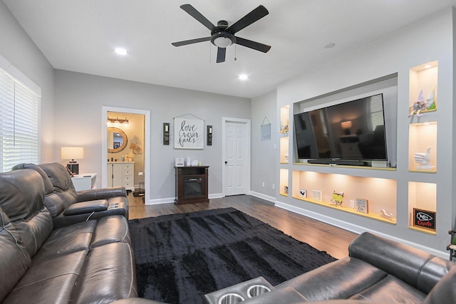 7751 W Old Barclay Creek Ln, Columbia, MO 65202 - living area with a ceiling fan, dark wood-type flooring, recessed lighting, and baseboards