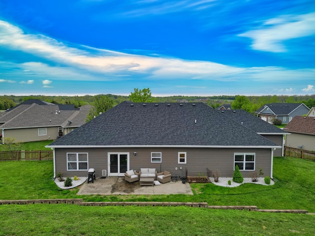 1600 Andretti Cir, Columbia, MO 65201 - back of house featuring an outdoor hangout area, a patio area, roof with shingles, and a residential view