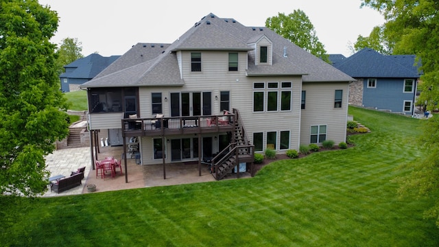 6507 Crooked Switch Ct, Columbia, MO 65201 - rear view of house featuring stairs, a patio, a shingled roof, a sunroom, and a yard