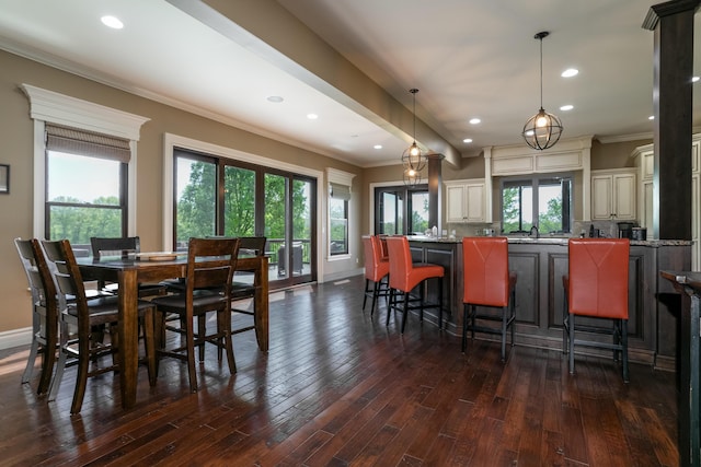 6507 Crooked Switch Ct, Columbia, MO 65201 - dining room with crown molding, dark wood-type flooring, recessed lighting, and baseboards
