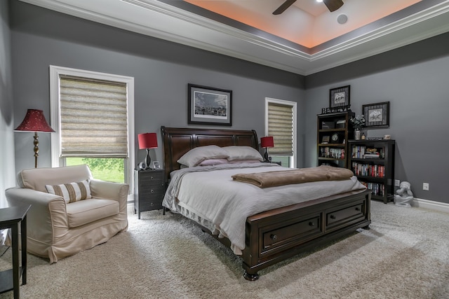 6507 Crooked Switch Ct, Columbia, MO 65201 - carpeted bedroom featuring crown molding, a raised ceiling, baseboards, and a ceiling fan