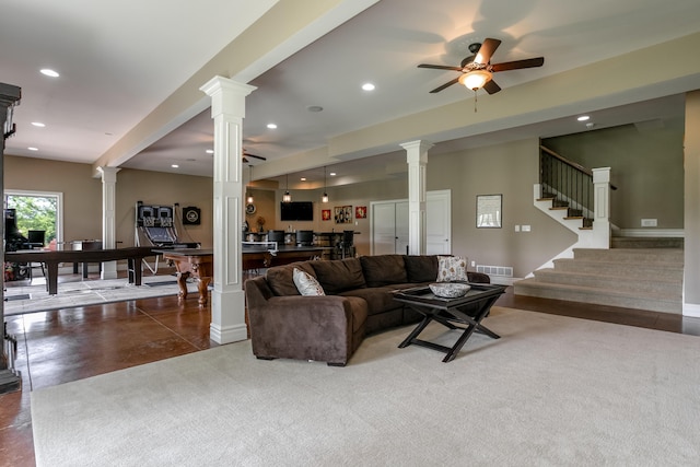 6507 Crooked Switch Ct, Columbia, MO 65201 - living area featuring decorative columns, ceiling fan, recessed lighting, stairs, and baseboards