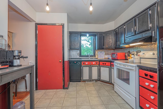 kitchen with dark countertops, white electric range oven, black dishwasher, tasteful backsplash, and a sink