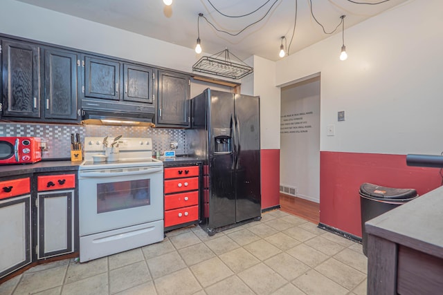 kitchen with black fridge with ice dispenser, visible vents, under cabinet range hood, tasteful backsplash, and white electric stove