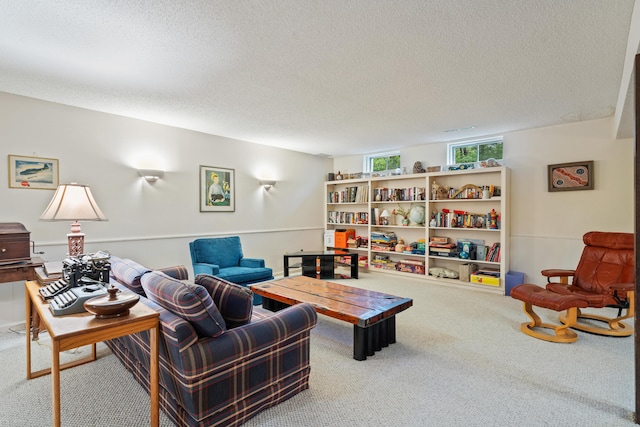 carpeted living area featuring a textured ceiling