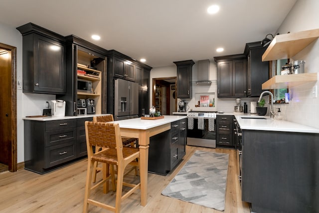 kitchen featuring wall chimney exhaust hood, open shelves, a sink, and appliances with stainless steel finishes