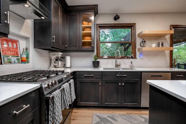 kitchen with decorative backsplash, light wood-type flooring, a sink, light countertops, and stainless steel appliances