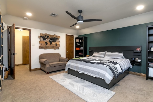 bedroom with visible vents, carpet floors, baseboards, ceiling fan, and recessed lighting