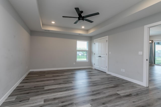 15070 Ada Dr, Hallsville, MO 65255 - spare room featuring a ceiling fan, a tray ceiling, wood finished floors, and a wealth of natural light