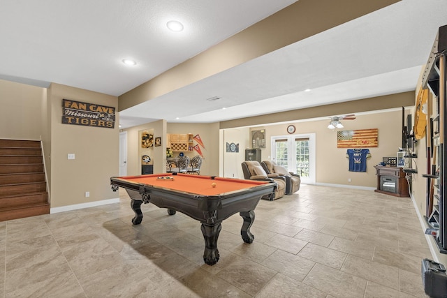 playroom featuring stone finish floor, recessed lighting, pool table, baseboards, and visible vents