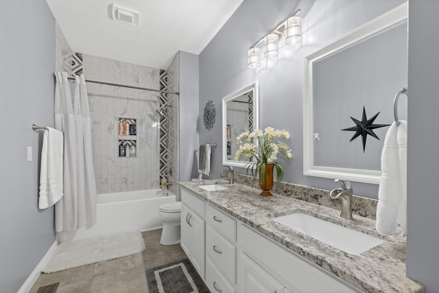 bathroom with double vanity, toilet, shower / bathtub combination with curtain, and a sink