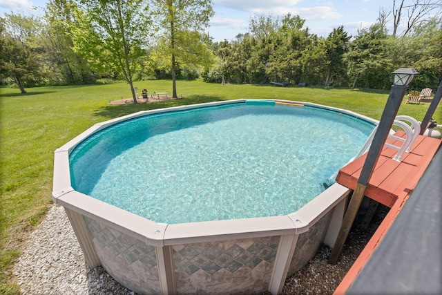 outdoor pool featuring a yard