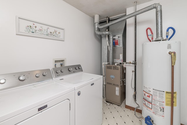 laundry room featuring laundry area, light floors, independent washer and dryer, and gas water heater