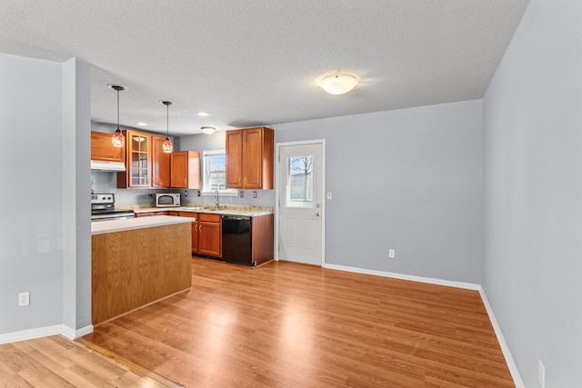 5650 N Autumn Dr, Columbia, MO 65202 - kitchen featuring glass insert cabinets, light countertops, under cabinet range hood, light wood finished floors, and stainless steel appliances