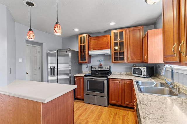 5650 N Autumn Dr, Columbia, MO 65202 - kitchen with appliances with stainless steel finishes, a sink, light countertops, under cabinet range hood, and light wood-style flooring