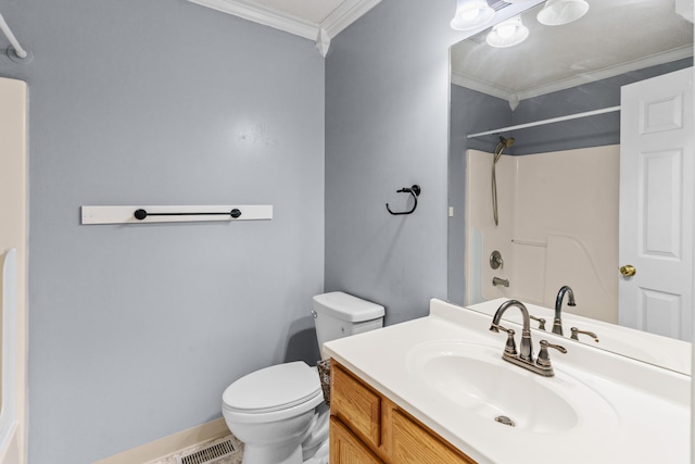 5650 N Autumn Dr, Columbia, MO 65202 - full bath with crown molding, visible vents, vanity, toilet, and baseboards
