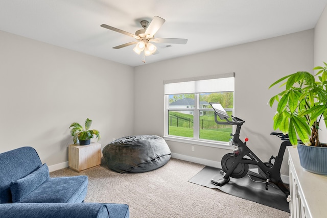 exercise area with carpet floors, baseboards, and a ceiling fan