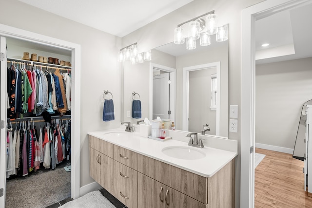 bathroom featuring a sink, a walk in closet, and double vanity