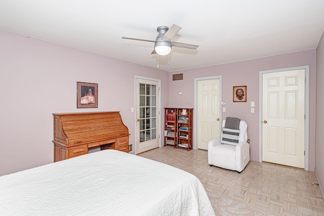 3005 Meghann Dr, Columbia, MO 65203 - bedroom featuring baseboards, a ceiling fan, and visible vents