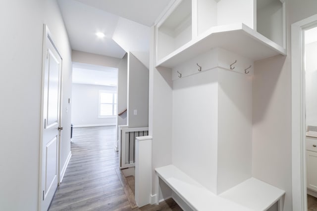 mudroom featuring baseboards and wood finished floors