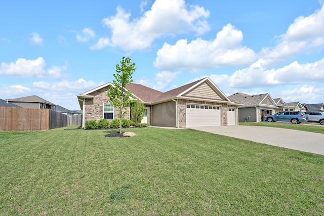 single story home with fence, an attached garage, concrete driveway, and stone siding