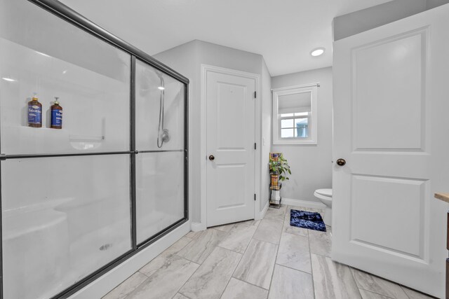 5803 Misty Springs Way, Columbia, MO 65202 - bathroom with toilet, marble finish floor, recessed lighting, baseboards, and a shower stall