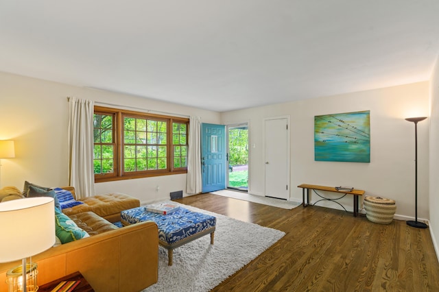 living area featuring baseboards and dark wood-style flooring