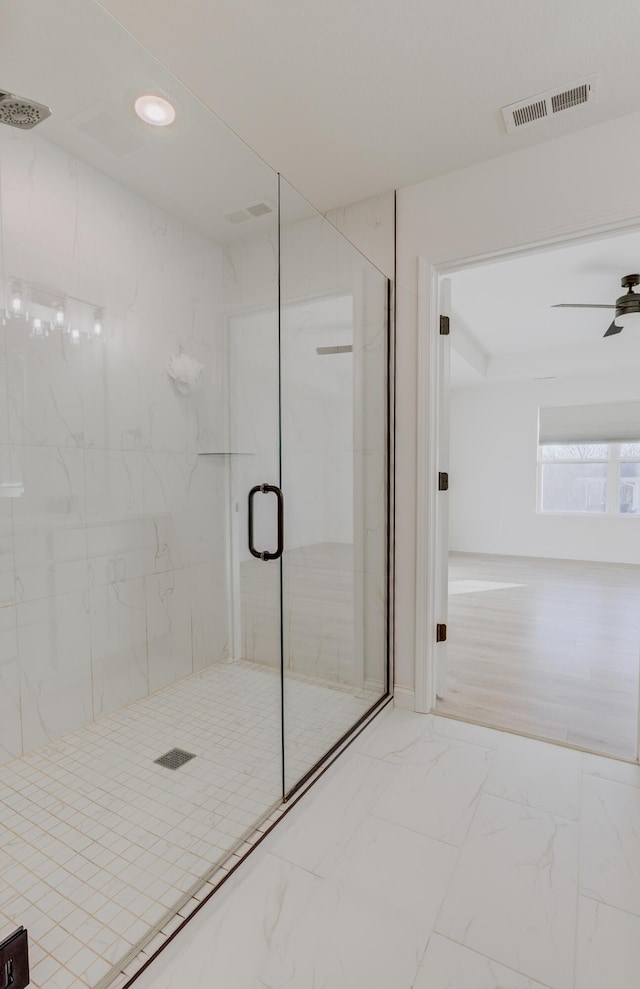 820 Angels Rest Way, Columbia, MO 65203 - bathroom featuring a ceiling fan, visible vents, marble finish floor, a marble finish shower, and recessed lighting