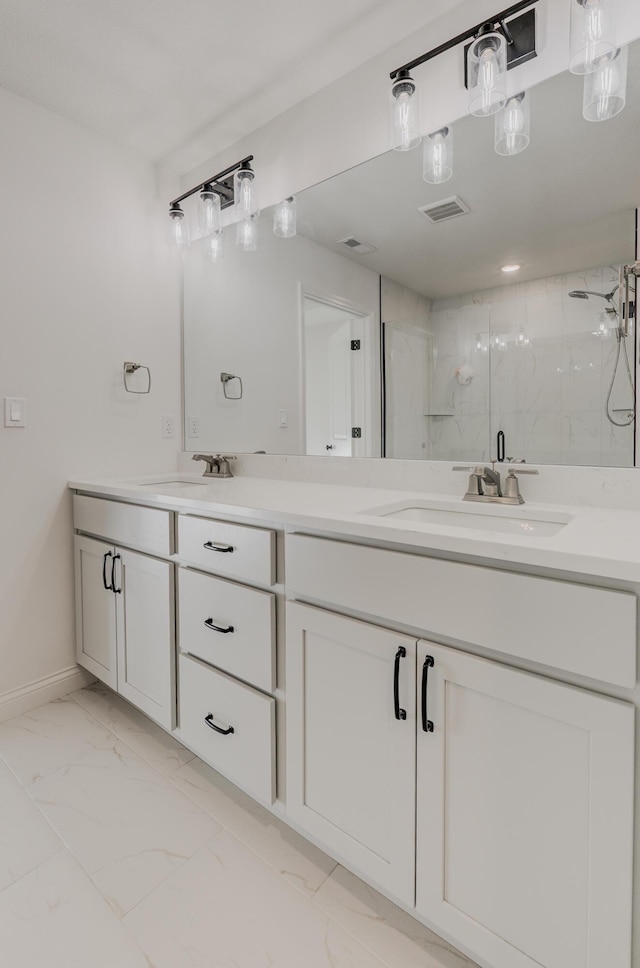820 Angels Rest Way, Columbia, MO 65203 - bathroom with visible vents, a marble finish shower, a sink, and marble finish floor