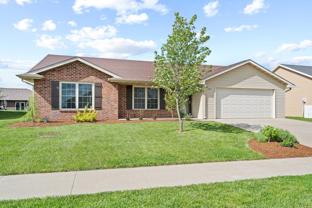 single story home with brick siding, a front lawn, an attached garage, and driveway