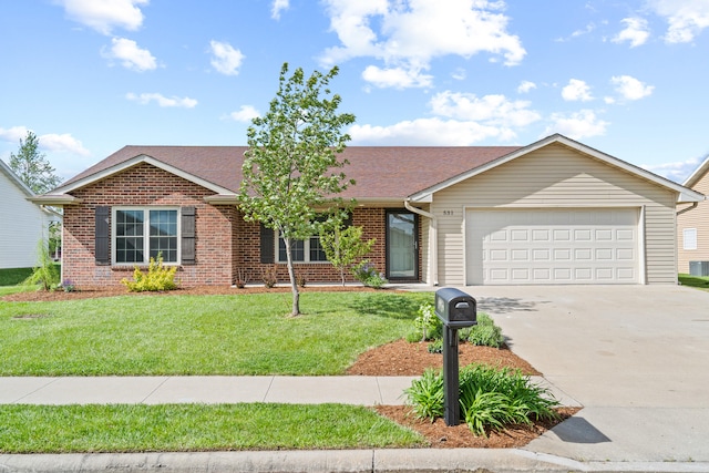 single story home featuring driveway, a front yard, a garage, brick siding, and a shingled roof
